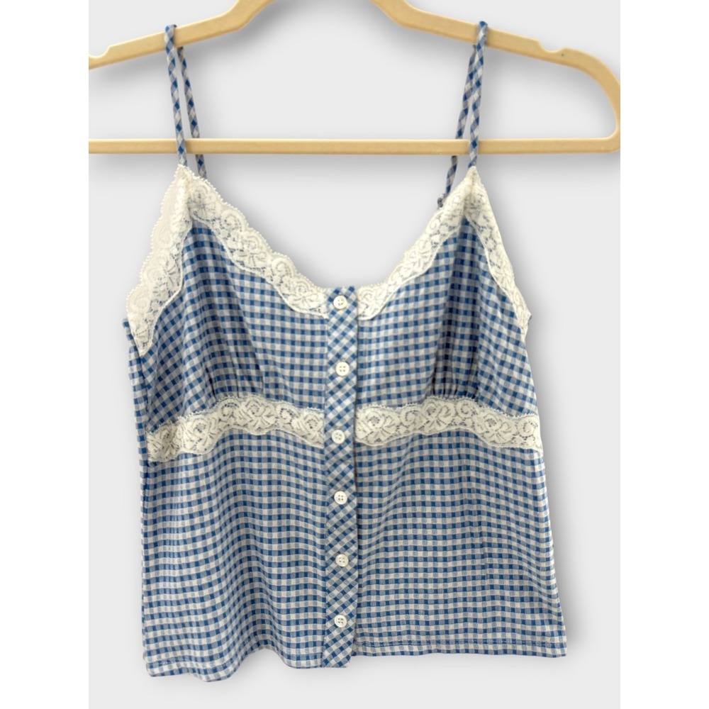 Kirious Los Angeles Gingham Lace Cami Blue White Cottagecore S Coquette Picnic